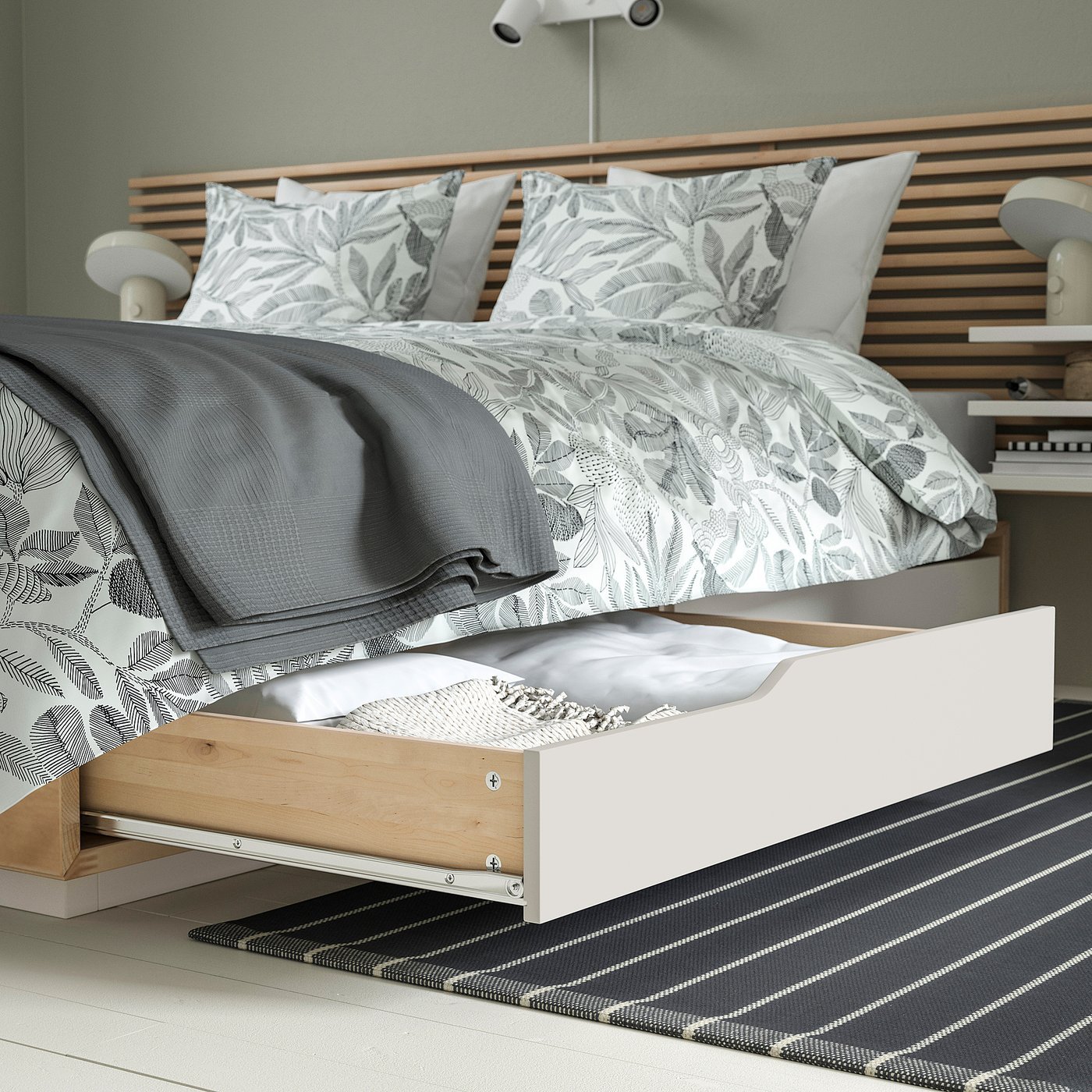 MANDAL マンダール ベッドフレーム ヘッドボード付き, バーチ/ホワイト