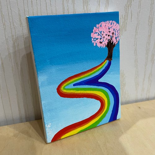 桜の根元には アクリル画 原画 桜 虹 イラスト ミニキャンバス 絵画